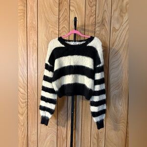 Black & Ivory Fuzzy Striped Cropped Sweater